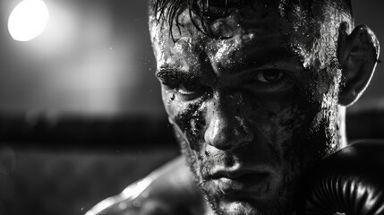 A black and white image of a boxer's face, bloodied but determined, staring intently at their...