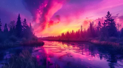 Muurstickers Serene landscape at sunrise, reflecting the tranquil beauty of nature with a misty forest and reflective lake under a colorful morning sky © MdIqbal