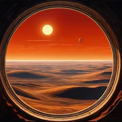 Foto auf Glas view out of a round window onto a desert planet with sunset © Xtov