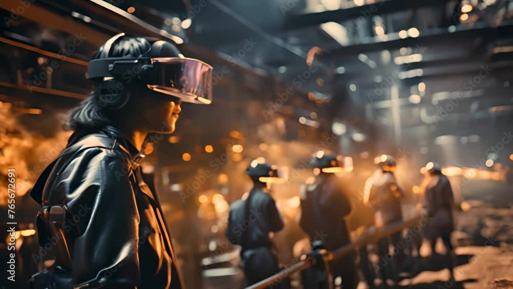 Poster virtual reality workers on assembly line generative ai