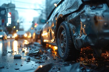 An atmospheric image of a badly damaged car in an urban setting with emergency lights reflecting - obrazy, fototapety, plakaty