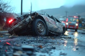 A vivid image depicting a dramatic nighttime car crash with a flipped vehicle and emergency lights in the background - obrazy, fototapety, plakaty