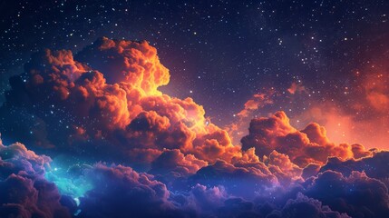 Vividly colored clouds in dark night sky with glowing stars - obrazy, fototapety, plakaty
