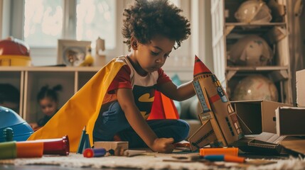 A Black child wearing a superhero cape sits on their bedroom floor, surrounded by cardboard boxes and markers, constructing a spaceship prop for their upcoming school play. (imaginative, DIY) - obrazy, fototapety, plakaty