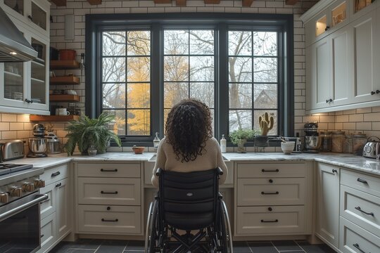 An inspiring image of a woman in a wheelchair looking out a large kitchen window, reflecting independence