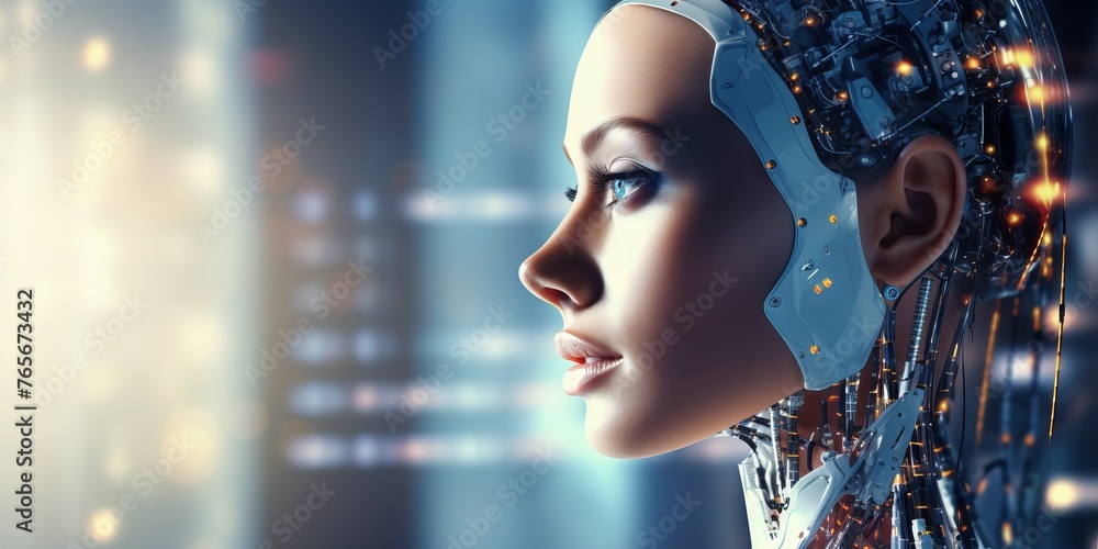 Poster silhouette of the head in profile with visualization of the digital brain and the global network. co
