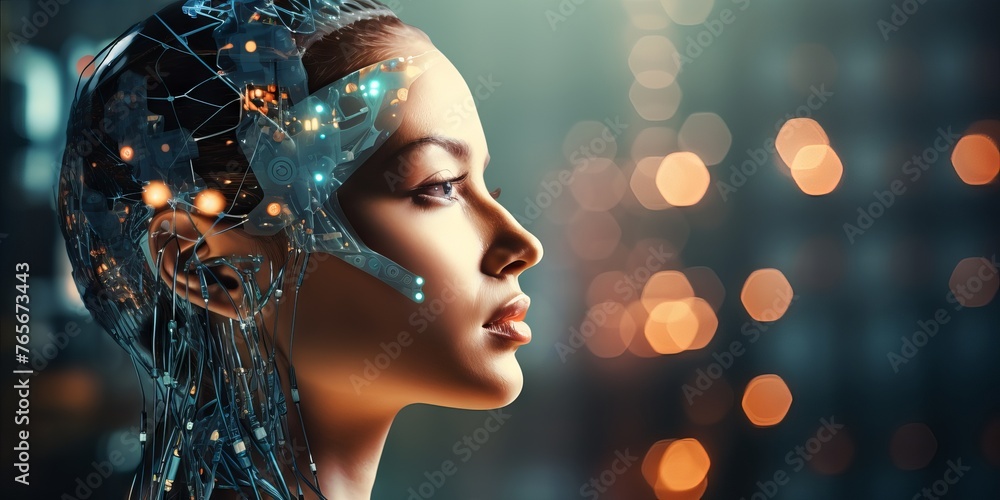 Poster silhouette of the head in profile with visualization of the digital brain and the global network. co
