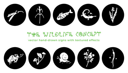 Vector wildlife signs. Hand drawn illustration of animal kingdom, wildlife area emblem. Vector floral drawing. Linoleum print texture. Protected areas symbols design. Engraved wildland icon. - 765673400