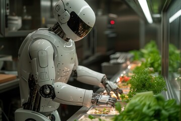 Fototapeta premium A sleek, modern robot inspects and interacts with a variety of prepped food items in a well-equipped kitchen environment