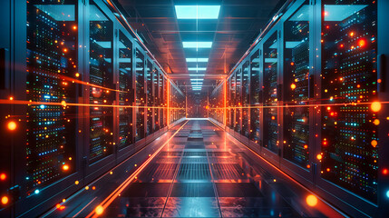 Server Room with Modern Networking and Computing, Technology Infrastructure in Blue Light
