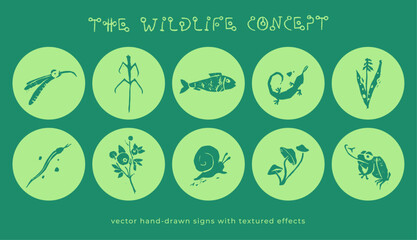 Vector wildlife signs. Hand drawn illustration of animal kingdom, wildlife area emblem. Vector floral drawing. Linoleum print texture. Protected areas symbols design. Engraved wildland icon. - 765673451