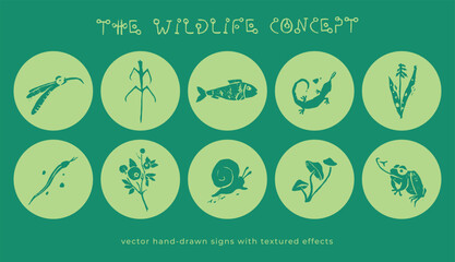 Vector wildlife signs. Hand drawn illustration of animal kingdom, wildlife area emblem. Vector floral drawing. Linoleum print texture. Protected areas symbols design. Engraved wildland icon. - 765673462