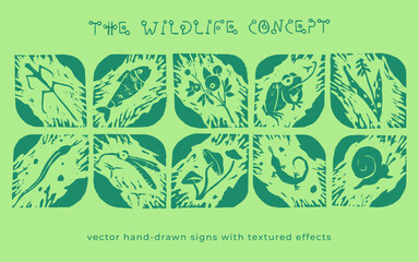 Vector wildlife signs. Hand drawn illustration of animal kingdom, wildlife area emblem. Vector floral drawing. Linoleum print texture. Protected areas symbols design. Engraved wildland icon. - 765673470