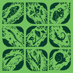 Vector wildlife signs. Hand drawn illustration of animal kingdom, wildlife area emblem. Vector floral drawing. Linoleum print texture. Protected areas symbols design. Engraved wildland icon. - 765673477