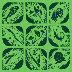 Vector wildlife signs. Hand drawn illustration of animal kingdom, wildlife area emblem. Vector floral drawing. Linoleum print texture. Protected areas symbols design. Engraved wildland icon. - 765673484