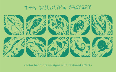 Vector wildlife signs. Hand drawn illustration of animal kingdom, wildlife area emblem. Vector floral drawing. Linoleum print texture. Protected areas symbols design. Engraved wildland icon. - 765673488