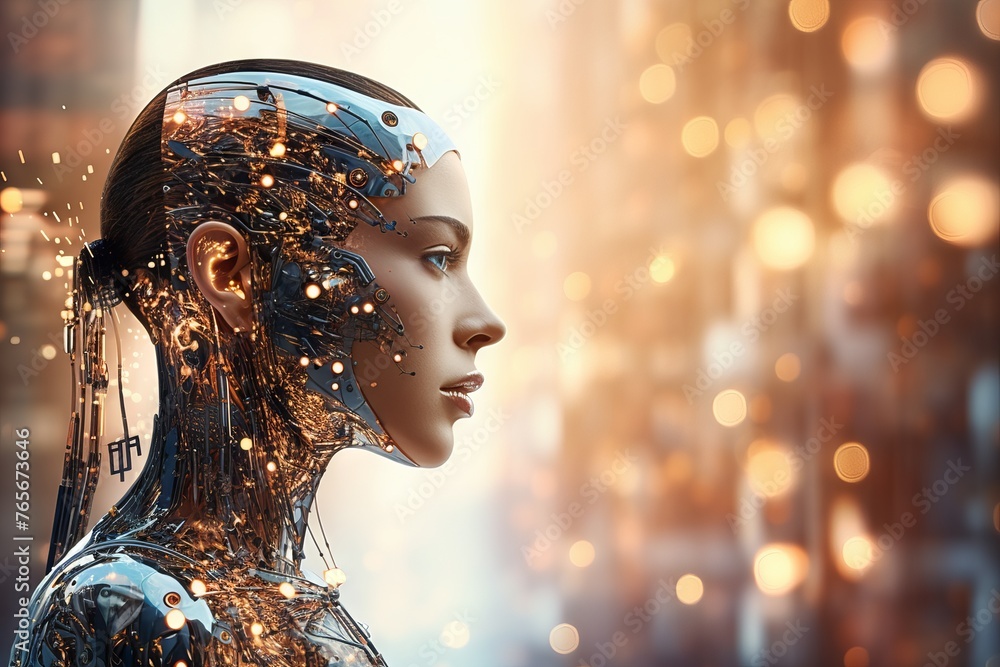 Poster silhouette of the head in profile with visualization of the digital brain and the global network. co