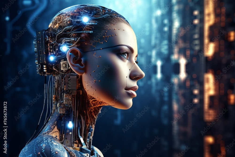 Poster silhouette of the head in profile with visualization of the digital brain and the global network. co