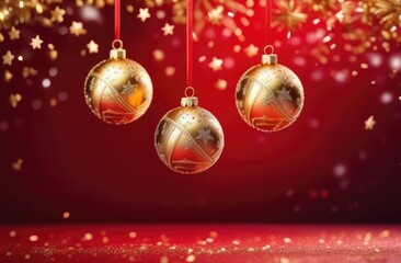 golden balls, stars and snowflakes on a red background, blurred confetti flying in the air, the concept of the New Year and Christmas holiday