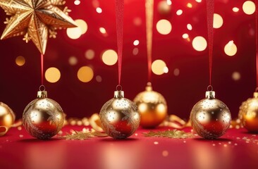 golden balls, stars and snowflakes on a red background, blurred confetti flying in the air, the concept of the New Year and Christmas holiday