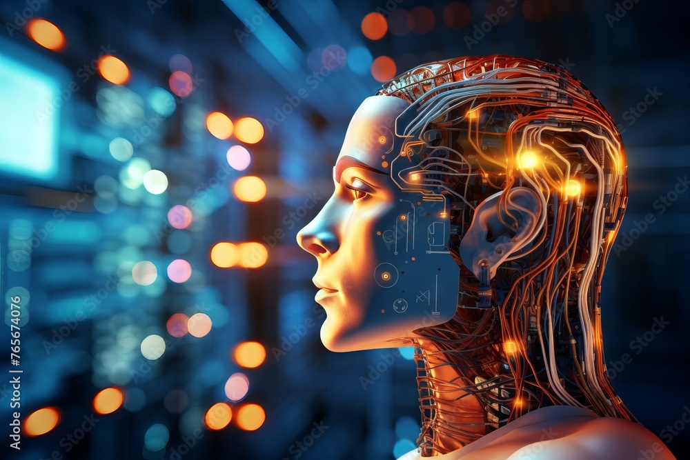 Poster silhouette of the head in profile with visualization of the digital brain and the global network. co