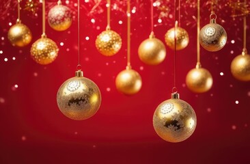 golden balls, stars and snowflakes on a red background, blurred confetti flying in the air, the concept of the New Year and Christmas holiday