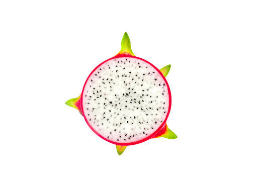 Dragon fruit slice saw the flesh of the dragon fruit, isolated on white background. clipping path included. Fresh organic dragon fruit from the garden on white background. top view.