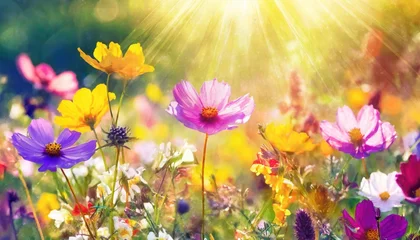 Foto op Plexiglas meadow flowers in early sunny fresh morning. Vintage autumn landscape background.  © blackdiamond67