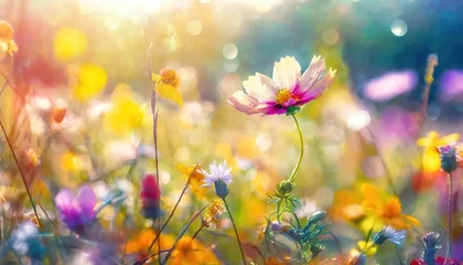 Selbstklebende Fototapeten meadow flowers in early sunny fresh morning. Vintage autumn landscape background.  © blackdiamond67
