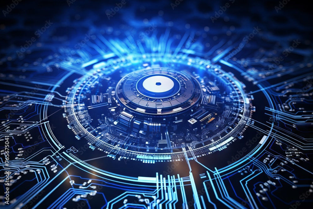 Aufkleber high-tech electronic board with a central glowing element surrounded by multi-level circuits and blu