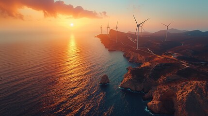 Clean energy generated by wind turbines, power plants and solar cells surrounded by green fields. - obrazy, fototapety, plakaty