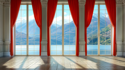 Empty room in Rococo style with large French windows with red curtains overlooking the sea and mountains