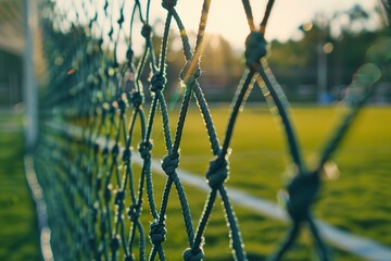 Close-up of a soccer net with the field in the background.