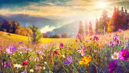meadow flowers in early sunny fresh morning. Vintage autumn landscape background. 