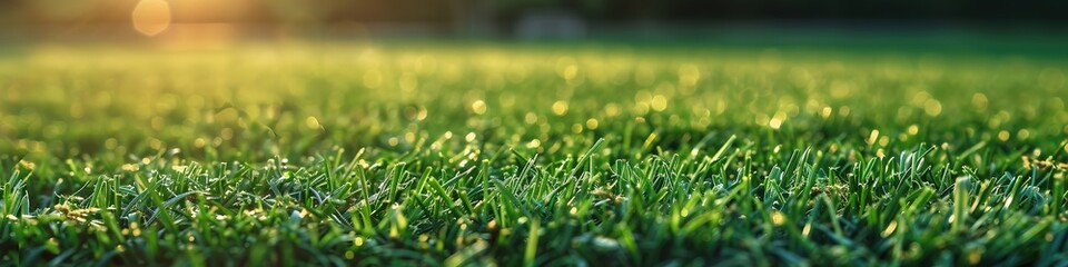 Close-up of a well-maintained grass field with sunlight gracing the tips. - obrazy, fototapety, plakaty