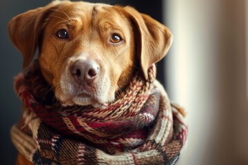 A cozy brown dog wearing a warm scarf.