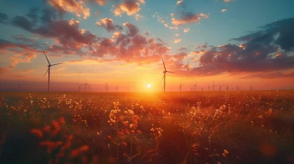  Clean energy generated by wind turbines, power plants and solar cells surrounded by green fields. © Pattarin