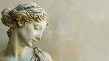 A classic marble sculpture of a woman with copy space, captured in profile with a soft pastel background, embodying timeless beauty and elegance