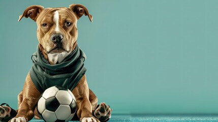 A stoic dog in a scarf with a soccer ball ready to play.