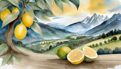 a watercolour painting of a lime tree with lemons Ai generated