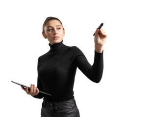 A young woman in a black turtleneck and pants holding a tablet and a marker, appearing to write or draw in the air, isolated on a white background, illustrating the concept of business or education