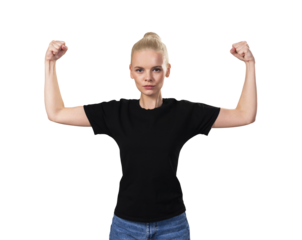 A young woman with a strong expression flexing her muscles, isolated on a white background, depicting strength and empowerment