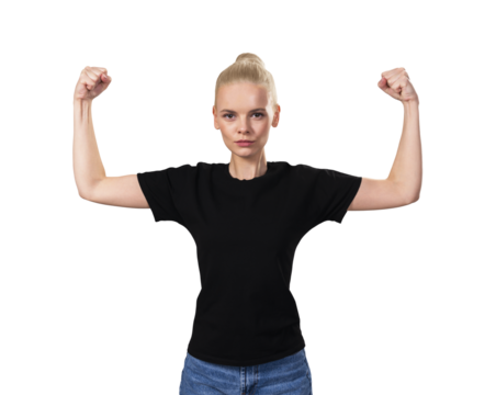 A young woman with a strong expression flexing her muscles, isolated on a white background, depicting strength and empowerment