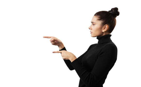 Young businesswoman pointing to the side, isolated on a white background, displaying a concept of direction or presentation