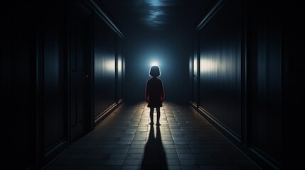 The back of a child, walking away into a dimly lit corridor, portraying the journey through hardship and the search for light