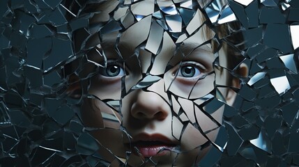 The fragmented reflection of a child in broken glass, representing the shattered innocence and the complexity of healing - obrazy, fototapety, plakaty