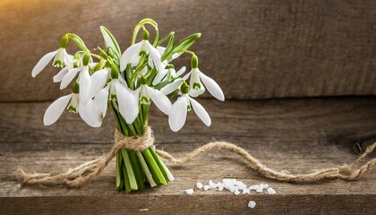 snowdrops on wooden background, bouquet of snowdrops on wooden background