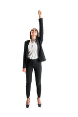 A young businesswoman striking a flying superhero pose, isolated on a white background, in a...