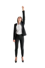 Foto op Canvas A young businesswoman striking a flying superhero pose, isolated on a white background, in a concept of empowerment © Who is Danny