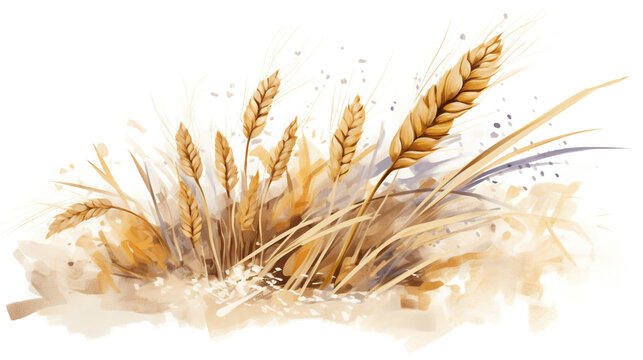 hand drawn and painted wheat getting grinded, earthy colors, white background created with Generative Ai